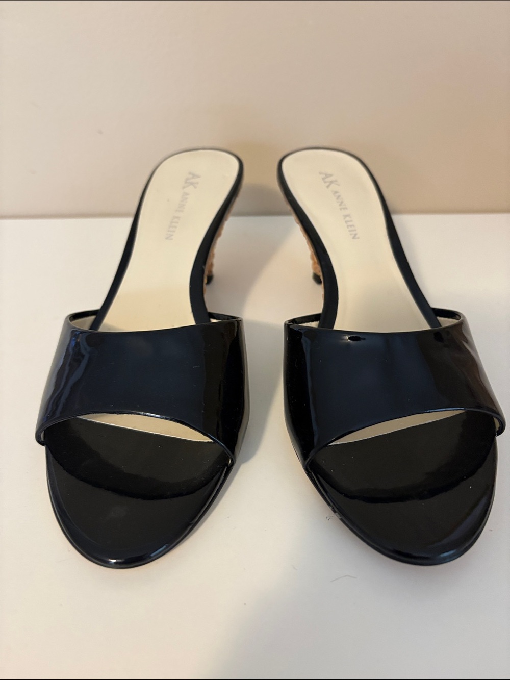 Anne Klein Black Patent Open-Toe Slide Heels